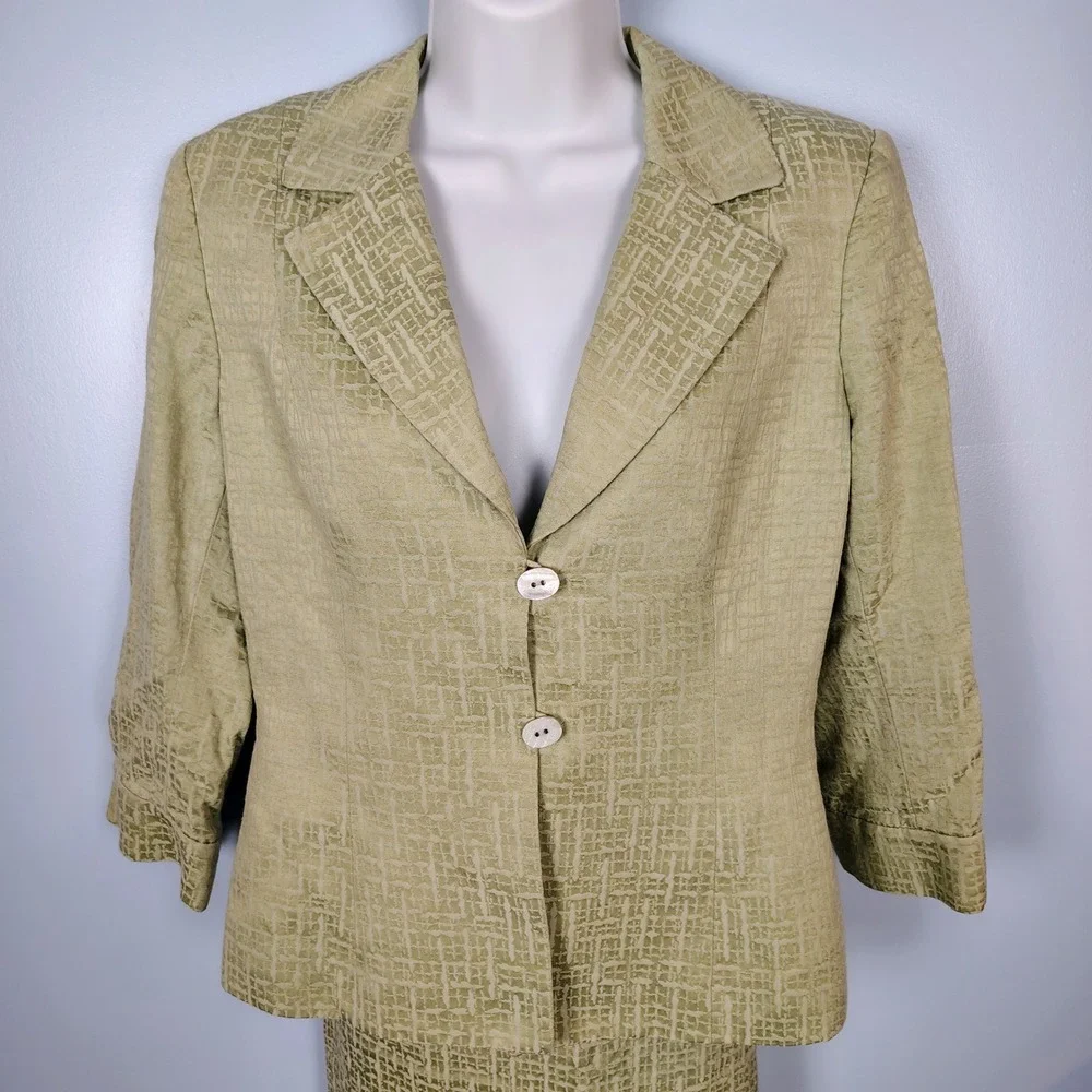 Sage‎ Green Textured Skirt Suit Set 6 3/4 Sleeve Jacket Pencil Skirt old money